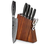 XINZUO Acier Damas 7 Pièces Ensemble de Bloc de Couteaux de Cuisine | Professionnel Couteau de Chef Santoku Trancher Universel Paring,Ciseaux de Cuisine Multifonctionnel-Poignée en Bois de Pakka