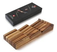 XINZUO Porte-Couteaux pour Tiroirs en Bois d'Acacia -Bloc de Couteaux de Cuisine 43,6x18,4x5,3cm -Bloc Universel Tiroir pour 4 Couteau Longs+6 Courts+1 Aiguiseur Acier -avec Boîte Cadeau