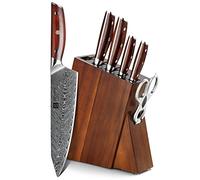 XINZUO Professionnel Acier Damas 7 Pièces Ensemble de Couteaux de Cuisine | 67 Couches Acier Damas Couteau de Chef Santoku Pain Universel Paring avec Bloc et Ciseaux de Cuisine-Poignée en Bois de Rose
