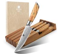 XINZUO Set Couteaux à Steak avec Tiroir de Porte-73 Couches Acier en Poudre de Damas 5 Pièces Couteaux de Table Premium-Tranchants Lame Droite-Professionnel Couteau de Damas-Poignée en Bois d'Olivier