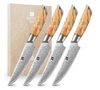 XINZUO Set de 4 Couteaux à Steak, 13.1cm Couteaux de Table Premium 73 Couches Acier en Poudre de Damas Lot de 4 Couteau de Cuisine, Coffret Cadeau Exquis -Poignée en Bois d'Olivier -Série Lan
