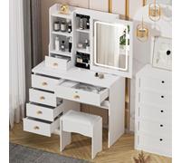 Xisulay Bureau de Maquillage avec Miroir et lumières, Ensemble lumières LED, Commode Chambre Coulissant, tiroirs, étagères Rangement Tabouret, 3 Modes d'éclairage, luminosité UE