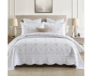 XIUWOUG Couvre Lit Boutis Jeté De Lit Matelassé 3 PièCes avec 2 Taies d'oreiller, Literie Dessus de Lit 2 Personnes DéCoratif Couvre-Lit Brodé Pliable en éTé,Blanc,230x250cm
