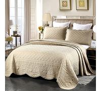 XIUWOUG Dessus De Lit 2 Personnes 240x260 Blanc/Beige/Vert Couvre Lit Matelasse De Luxe Boutis Coton Légère en été Couverture,Couvre-lit D'été Réversible avec 2 Taies d'oreiller,Beige,240x260cm