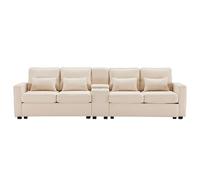 xixiworkshop Canapé moderne 4 places en lin avec console, 2 porte-gobelets, avec câble, poches pour accoudoirs et 4 coussins, canapé simple pour salon, appartement, bureau (beige)