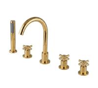 XJTNLB Robinet 5 Trous pour Baignoire avec Douchette Mitigeur Douche | Bec Col de Cygne Robinetterie Baignoire Douche Double Poignée en Croix, Rotation à 360°, Laiton, Doré