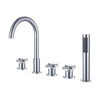 XJTNLB Robinet 5 Trous pour Baignoire avec Douchette Mitigeur Douche | Bec Col de Cygne Robinetterie Baignoire Douche Double Poignée en Croix, Rotation à 360°, Laiton, Chrome