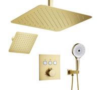 XJTNLB Systeme Douche Encastrable Double Plafond 16 Pouce Colonne de Douche Doré Thermostatique à Effet de Pluie, Or Brossé