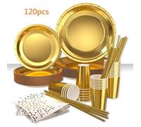 XJYDNCG 120pcs Kit Vaisselle Jetable Anniversaire Or Assiette Dîner Tasse Serviette Papier Paille pour Party Fête Mariages-Or