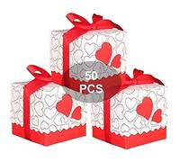 XJYDNCG Lot de 50 boîtes bonbonnières, pour dragées et cadeaux, avec ruban en satin - Motif : cœurs - Rouge