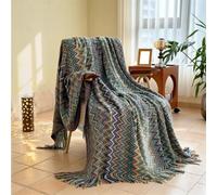 XL Superb Plaid Tricoté, Jeté Chevron Canapé, 130x180/230 cm à Franges | Maille texturée et zigzags multicolores; idéale pour fauteuil, lit, voyage et détente(Blue,130×230cm/51.2×90.6in)