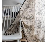 Xlabor - Rideaux Boho Vintage avec glands - Rideaux semi-occultants avec œillets - Coton lin - Rideau décoratif pour salon, chambre à coucher - Motif F - 150 x 220 cm - Lot de 1