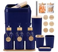 XLHOMO Ensemble d'accessoires de Salle de Bain 17 pièces Bleu Marine avec Poubelle, Distributeur de Savon, Porte-Brosse à Dents, 6 étiquettes en Bois avec Plateau pour Cuisine et Salle de Bain