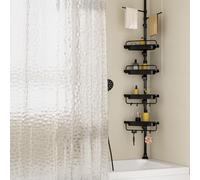 XLHOMO Étagère de Douche d'angle sur Poteau Extensible de 81 à 310 cm, antirouille et sans perçage, Organiseur réglable avec 4 étagères Stables et Porte-Serviettes, avec Rideau de Douche, Noir