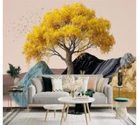 XLMING 3D Papier Peint Arbres Dorés Cerfs Montagnes Lac Reflets | Soie Texturée Haut de Gamme Idéale Pour le Bureau la Salle à Manger Salon Chambre Canapé et Décoration Murale-200cm×140cm