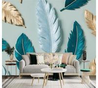 XLMING 3D Papier Peint Doré Bleu Vert Bleu Plumes Art Motifs | Texture Soyeuse Haut de Gamme Adaptée au Bureau à la Salle Manger au Coin Canapé Chambre Salon et Mur Derrière TV-350cm×256cm
