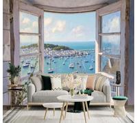 XLMING 3D Papier Peint Mer Bleue Fenêtre Voilier Ville Côtière Paysage | Soie Texturée Haut de Gamme Idéale Pour le Bureau la Salle à Manger Salon Chambre Canapé et Décoration Murale-400cm×280cm