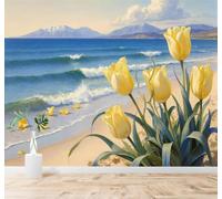 XLMING 3D Papier Peint Mer Bleue Plage Vagues Tulipes Jaunes Montagnes | Soie Texturée Haut de Gamme Idéale Pour le Bureau la Salle à Manger Salon Chambre Canapé et Décoration Murale-430cm×300cm