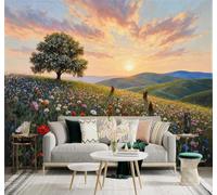 XLMING Arbres Fleurs Sauvages Prairies Collines Coucher De Soleil 3D Papier Peint Texture Soyeuse Intissé Salle à Manger Bureau Canapé Chambre Salon TV Mur-400cm×280cm