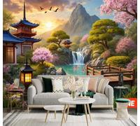 XLMING Bassin À Carpes Koï Jardin Cerisiers En Fleurs Cascade Paysage Naturel 3D Papier Peint Texture Soyeuse Intissé Salle à Manger Bureau Canapé Chambre Salon TV Mur-250cm×170cm