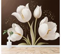 XLMING Belle Tulipe Blanche Fleur Touches Dorées Fond Marron 3D Papier Peint Premium Texturé Soie Bureau Salle à Manger Salon Chambre Coucher Canapé TV Mur-200cm×140cm