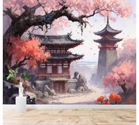 XLMING Dessin À La Main Aquarelle Fleurs De Cerisier Arbres Architecture 3D Papier Peint Texture Soyeuse Intissé Salle à Manger Bureau Canapé Chambre Salon TV Mur-430cm×300cm