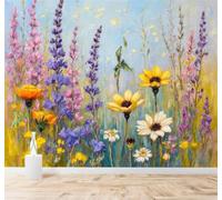 XLMING Dessin À La Main Aquarelle Printemps Fleurs Sauvages Colorées Tournesols 3D Papier Peint Texture Soyeuse Intissé Salle à Manger Bureau Canapé Chambre Salon TV Mur-430cm×300cm