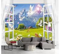 XLMING Fenêtre Montagne Enneigée Prairie Animaux Paysage 3D Papier Peint Luxe Décoration Manger Adulte Intérieure Salon Canapé Chambre Fond TV Mur-150cm×105cm