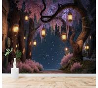 XLMING Forêt Sentier Lanternes Suspendues Ciel Étoilé Fleurs Violettes 3D Papier Peint Texture Soyeuse Intissé Salle à Manger Bureau Canapé Chambre Salon TV Mur-350cm×256cm