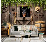 XLMING Grange Rustique Guitare Grange En Paille Feuilles Vertes Cheval 3D Papier Peint Texture Soyeuse Intissé Salle à Manger Bureau Canapé Chambre Salon TV Mur-250cm×170cm