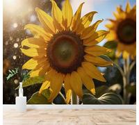 XLMING Lumineux Soleil Fleur De Tournesol Pétales Dorés Feuilles Vertes 3D Papier Peint Texture Soyeuse Intissé Salle à Manger Bureau Canapé Chambre Salon TV Mur-150cm×105cm