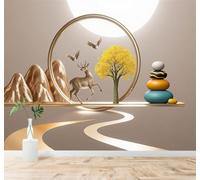 XLMING Montagnes Dorées Cerfs Oiseaux En Vol Arbres Jaunes Pierres Zen Art 3D Papier Peint Premium Texturé Soie Bureau Salle à Manger Salon Chambre Coucher Canapé TV Mur-430cm×300cm