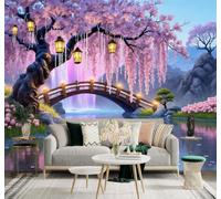 XLMING Papier Peint 3D Chéris Roses Rivière Pont En Arc Montagnes Reflets | Autocollants Décoratifs Haut de Gamme Adaptés à Tous les Murs Des Restaurants Canapés Salons et Chambres Coucher-300cm×210cm