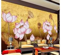 XLMING Rétro Feuille D'Or Fleur De Lotus Feuille De Lotus Esprit Zen Papier Peint 3D Soie De Luxe Intissé Bureau Salle à Manger Canapé Chambre Salon TV Mural Décoratif-200cm×140cm