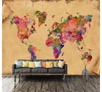 XLMING Rétro Nostalgie Dessin À La Main Multicolore Carte Du Monde Papier Peint 3D Soie De Luxe Intissé Bureau Salle à Manger Canapé Chambre Salon TV Mural Décoratif-300cm×210cm