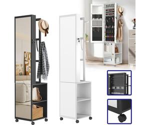 XMTECH Armoire à bijoux avec miroir intégral blanc, armoire à glace 5 en 1 avec LED, serrure, roulettes & étagère à 3 niveaux - organisateur de bijoux avec cintre & miroir à chaussures, hauteur 170?cm