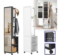 XMTECH Armoire à bijoux avec miroir intégral noir, armoire à glace 5 en 1 avec LED, serrure, roulettes & étagère à 3 niveaux - organisateur de bijoux avec cintre & miroir à chaussures, hauteur 170 cm