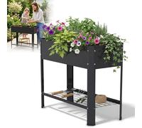 XMTECH Jardinière surélevée en métal 80 x 35 x 80 cm sans roulettes – bac à plantes en acier galvanisé pour jardin ou balcon, potager avec tablette, noir