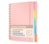 Xnegau Cahier A4 ligné avec 5 intercalaires amovibles, 300 pages papier 100 g/m², couverture rigide, reliure spirale, carnet avec onglets pour école, bureau, université et organisation
