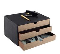 XNONE Boîte à tiroirs de bureau avec 3 compartiments A4 fermés, en cuir PU, organisateur de bijoux, organisateur de cosmétiques, ouverture en forme de U, coutures cousues à la main (noir)
