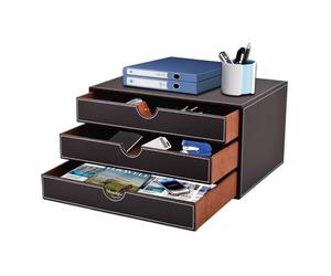 XNONE Home Office Boîte de tiroir de bureau avec 3 compartiments fermés A4 - En cuir synthétique - Organiseur de bijoux, de produits cosmétiques - Ouverture en forme de U - Coutures cousues à la main