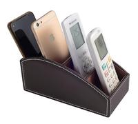 XNONE Support de télécommande TV avec 4 compartiments, en cuir synthétique, décoration de table de chevet, boîte à lunettes, pinceau de maquillage, stylo, téléphone portable (Marron)
