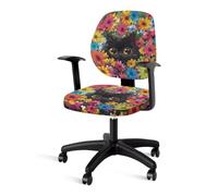 Xoenoiee Housse de chaise de bureau imprimée avec chat noir et fleurs vibrantes extensible 2 pièces Housse de siège avec dossier protecteur Décoratif Housse de siège pour ordinateur
