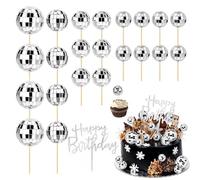 xolear 23 Pièces Disco Boule Decoration Gateau avec Panneau Happy Birthday, 4 Tailles Boule a Facette Deco Mini, Topper de Gâteau de Ballon pour Fête Disco, Décoration de Vacances (Argent)