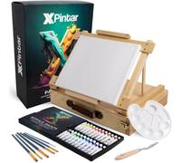 XPINTAR - Kit de peinture acrylique 34 pièces, chevalet de table en bois de pin, chevalet peinture enfants et adultes, mallette peintures, 24 tubes de trempe x 12 ml, 6 pinceaux, toile à peindre
