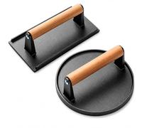 XPJBKC Lot de 2 presses à hamburgers robustes en fonte avec poignée en bois, presse à viande ronde et rectangulaire, pour hamburger, bacon, viande, pour les amateurs de hamburgers, les chefs à