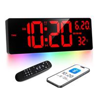 XREXS Horloge Murale 16,5" Écran Rouge Barre Lumineuse Colorée | Calibrage automatique heure, affiche heure, température, calendrier, minuterie et réveil pour maison et bureau