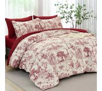 Xruibed Parure de lit 7 pièces en microfibre douce, 1 couette en toile de Jouy, 1 drap plat, 1 drap-housse, 2 taies d’oreillers, 2 housses de coussins, motif botanique, King Size, sac inclus, rouge