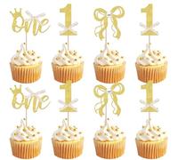 Xsstarxi Lot de 24 décorations de gâteau pour premier anniversaire fille nœud doré Cupcke Toppers One Décoration de gâteau pour fête prénatale enfants garçons 1er anniversaire premier anniversaire