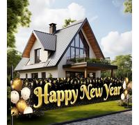 XtraLarge Panneau de cour « Happy New Year » 2022 - Bannière du Nouvel An pour décorations de Nouvel An 2022 | Bannière noire et dorée « Happy New Year » pour décorations intérieures et extérieures